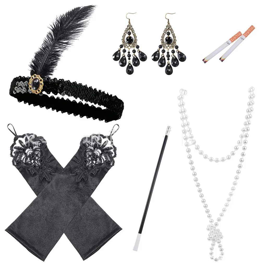 Conjunto de disfraz de Gatsby para mujer, collar foa, diadema, guantes, soporte para cigarrillos, Flapper, 20'S