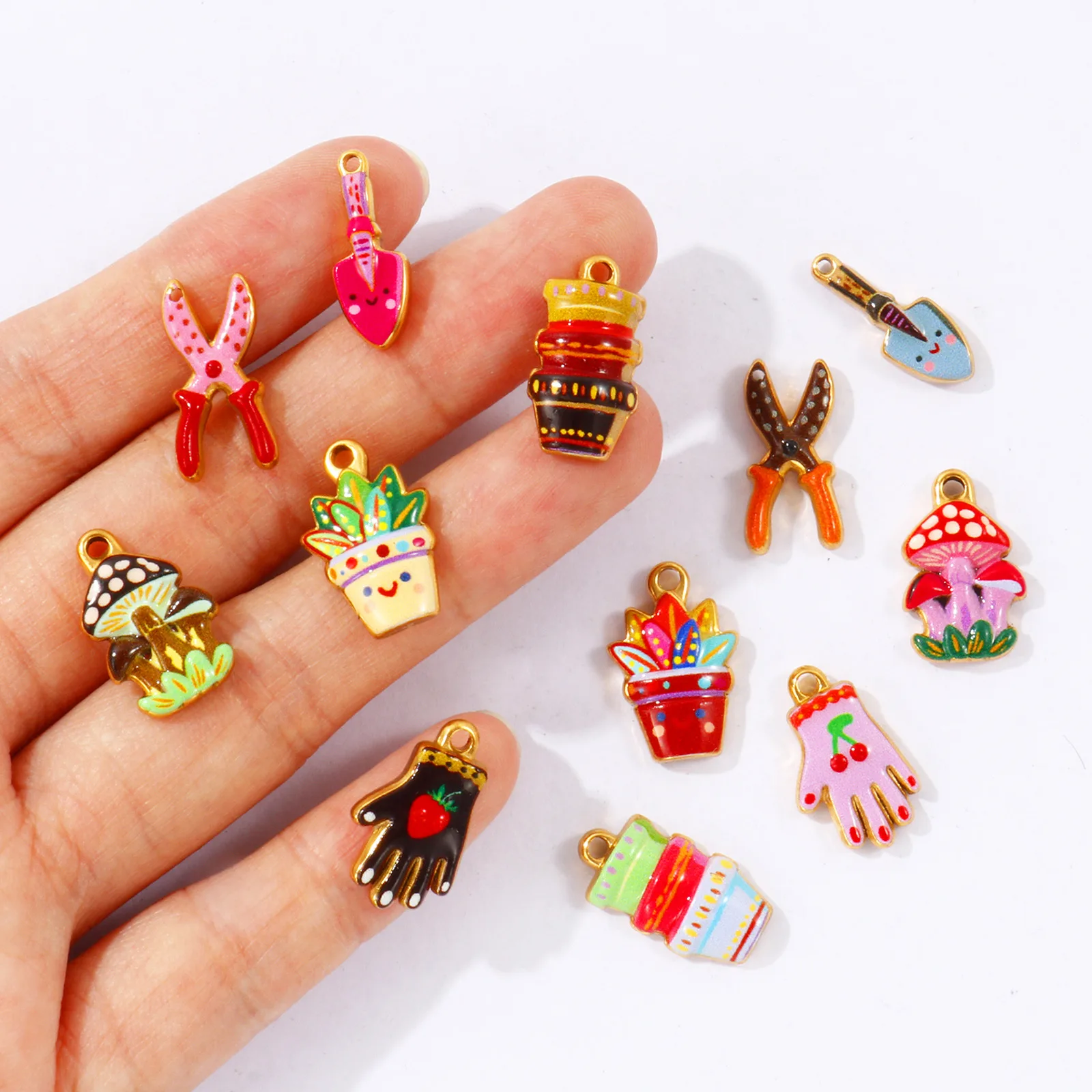 2 Stück Handschuhe, Scheren, Schaufeln, Pilze, Charms, 304 Edelstahl, 18K vergoldet, bedruckte Anhänger, DIY Halskettenherstellung, Großhandel – Detail 3