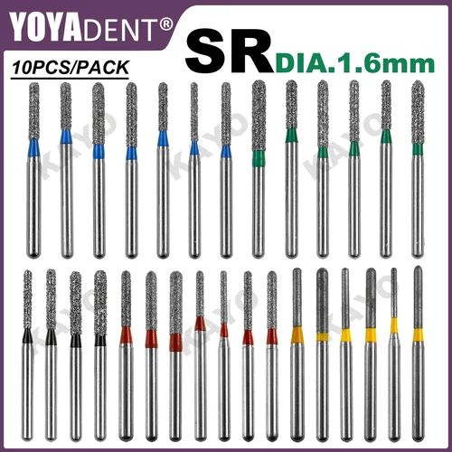 Fresas dentales tipo SR, taladros de odontología, fresas de diamante Dental para herramientas de pulido de pieza de mano de alta velocidad FG Dia.1.6mm, 10 unids/pack