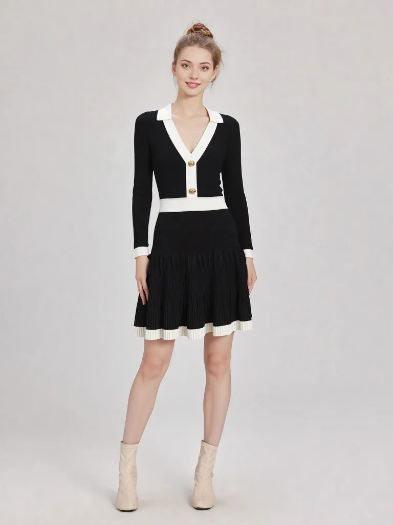 

CHUEJIE 2025 Autumn New French Style Color-block V-neck Metal Buckle Elegant Fashion Slim Fit Slimming Knitted Dress