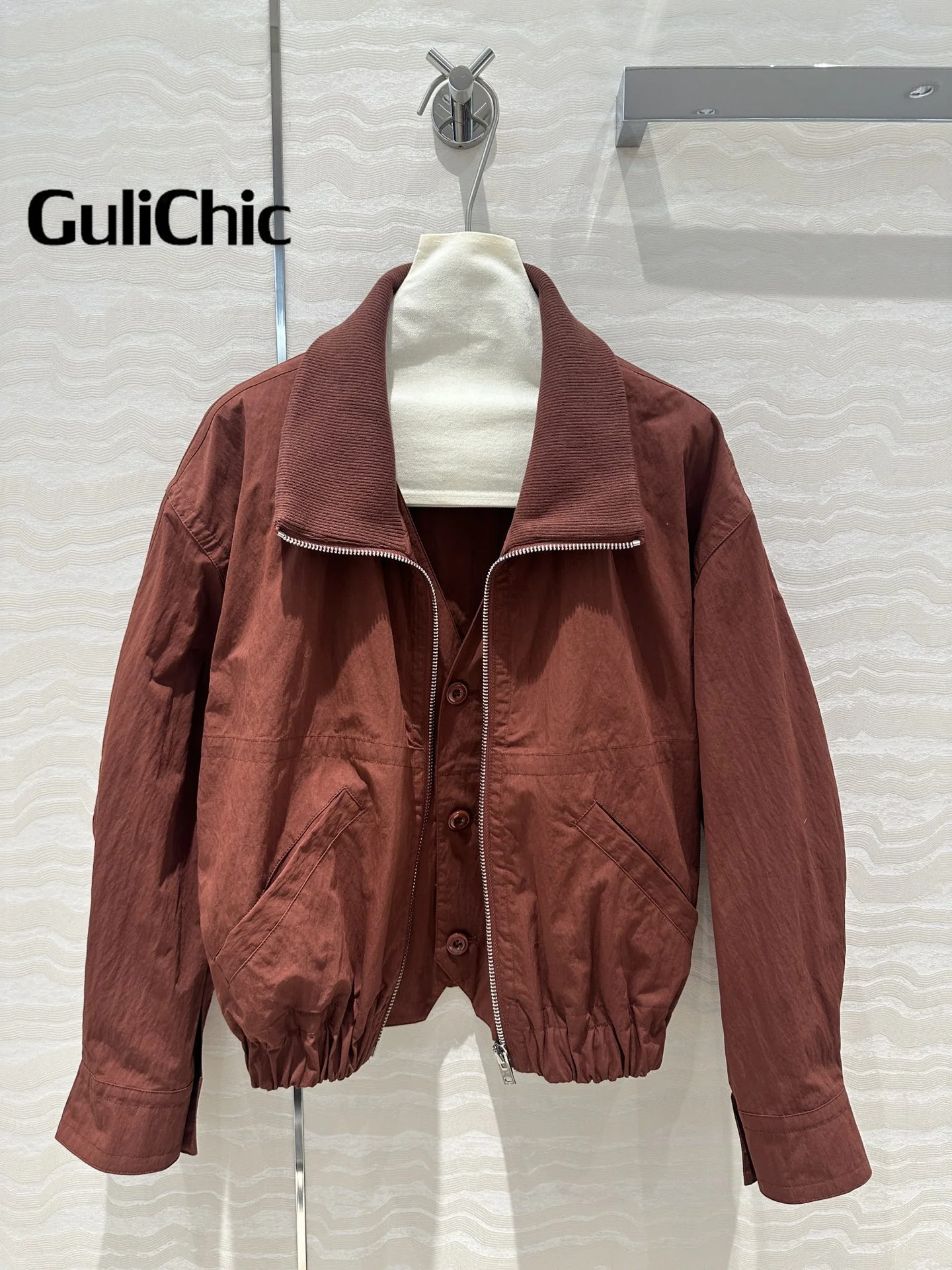 7.25 GuliChic Two-piece Jacket Vintage Ribbed Collar Spliced Fake Two Pieces Design Casual Fashion 2024 Fall New Outwear Women