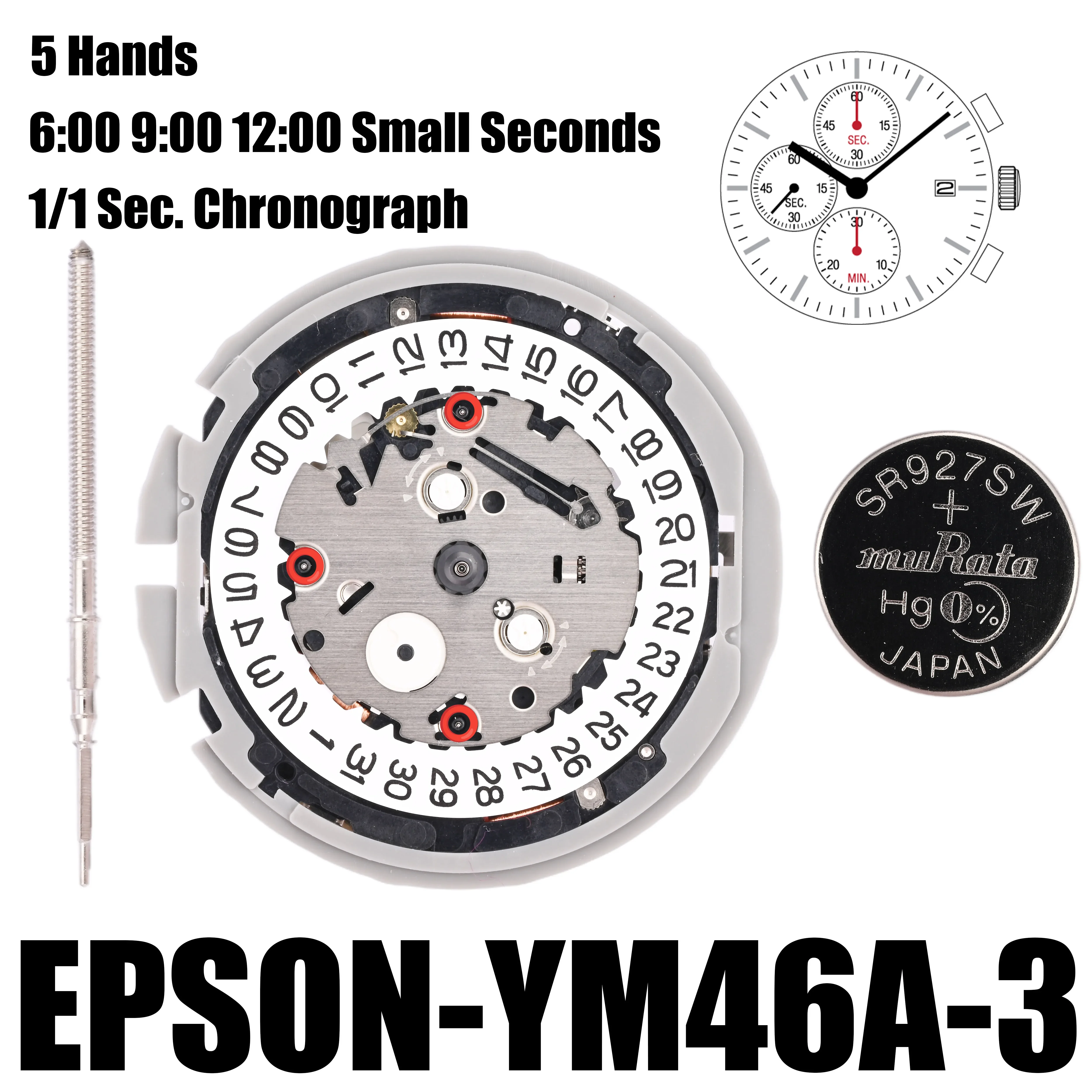 YM46 Movement Epson YM46-3 Movement Center Chronograph YM46 YM Series YM46A 6:00 9:00 12:00 Small Seconds Size:12'''Date at 3:00