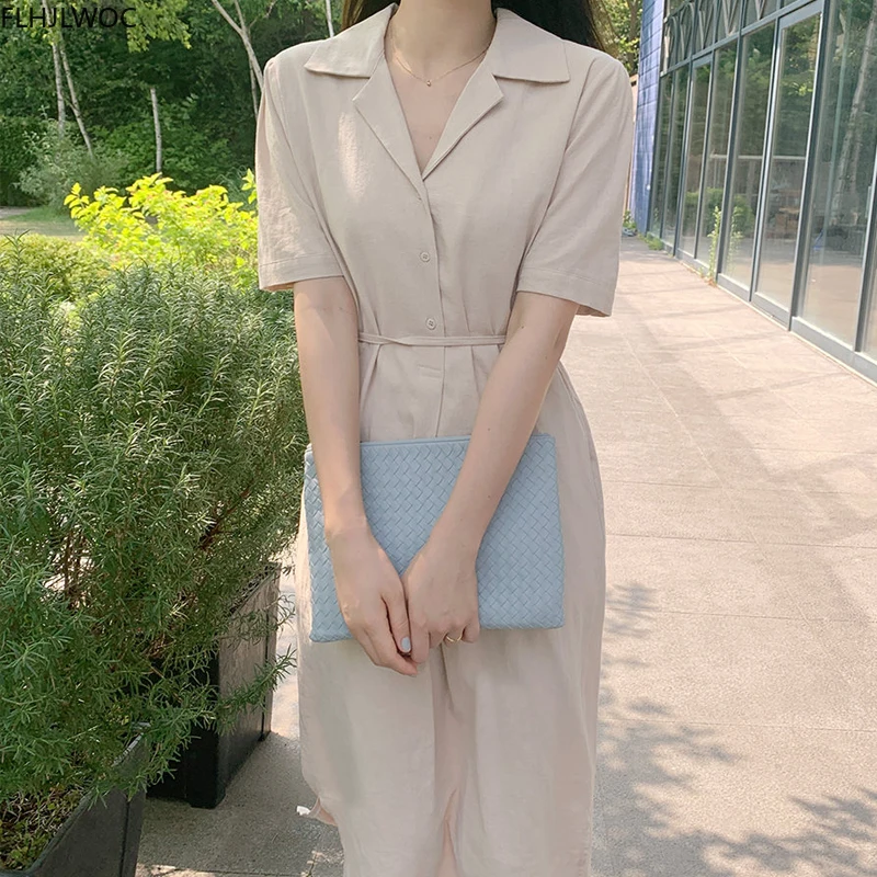 Temperament Lady Dress Korea Chic Fashion Design Retro Vintage Minimalist Leisure Women Single Breasted Button Shirt Dresses