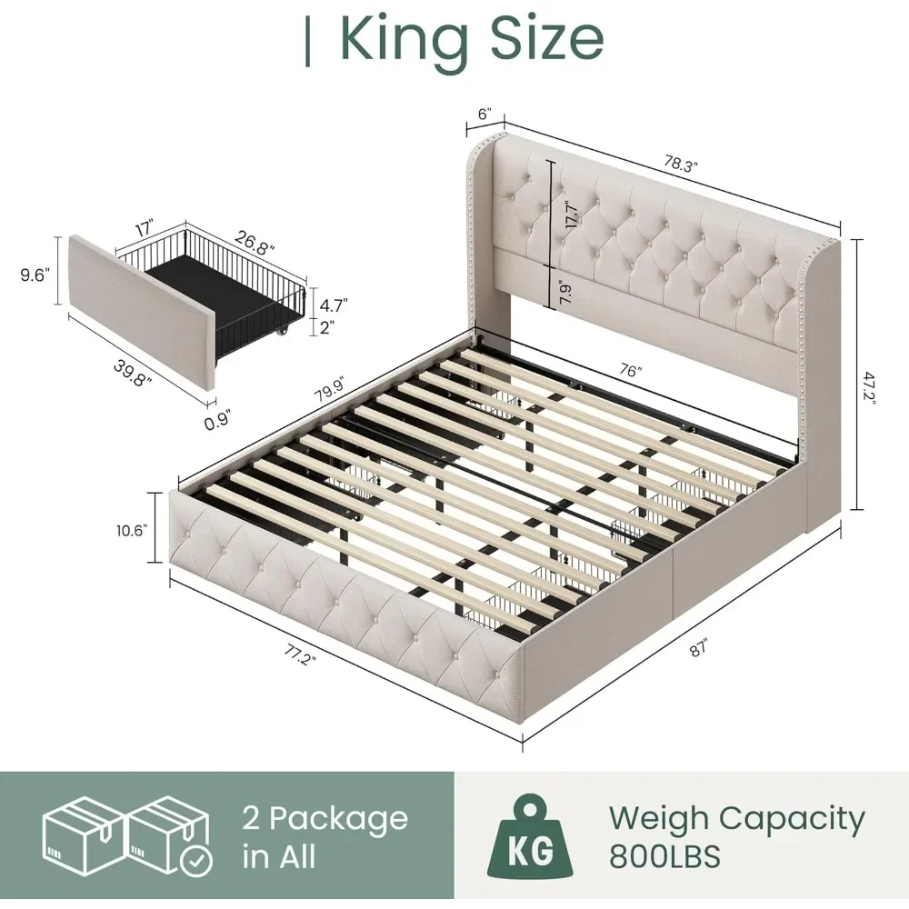 King Size Bed Frame with 4 Storage Drawers and Tufted Headboard Linen Upholstered Platform Bed Frame Wingback Beds.