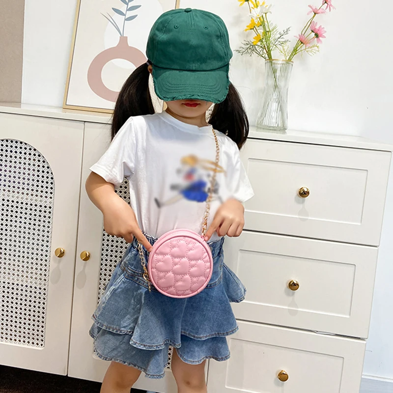 Korean Children Pink PU Leather Shoulder Bag Baby Girls Mini Round Coin Purse Handbags Princess Chain Crossbody Bags Kids