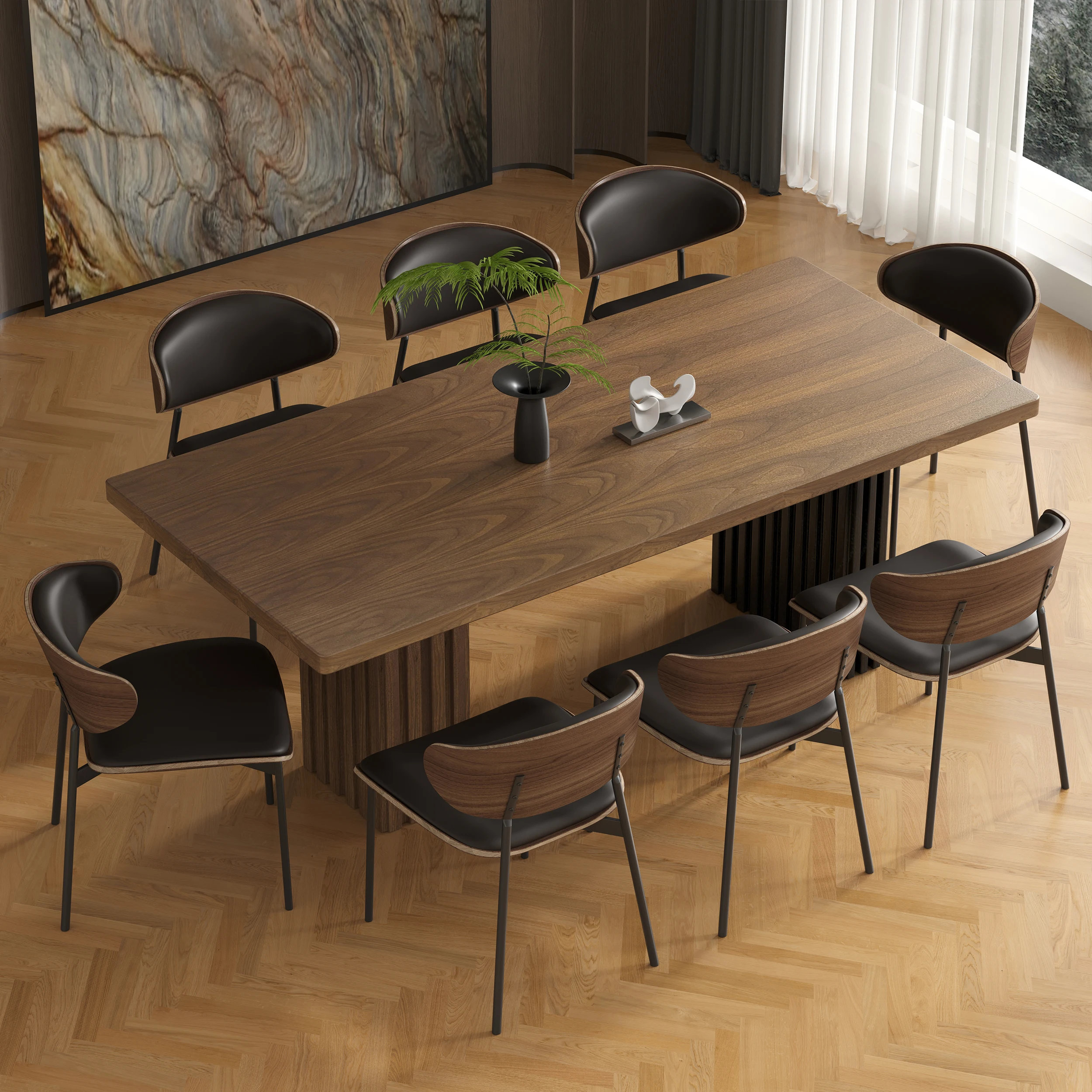 

66.9” Modern rectangular dining table for 6-8 people, with a sturdy dual-pedestal base and wood-grain tabletop, easy to clean.