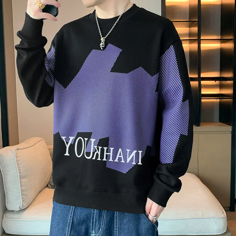 

Loose Round Neck T-shirt Men Spring New Printing Color Contrast Long Sleeve Bottoming Shirt Trendy Casual Male Large Size Top