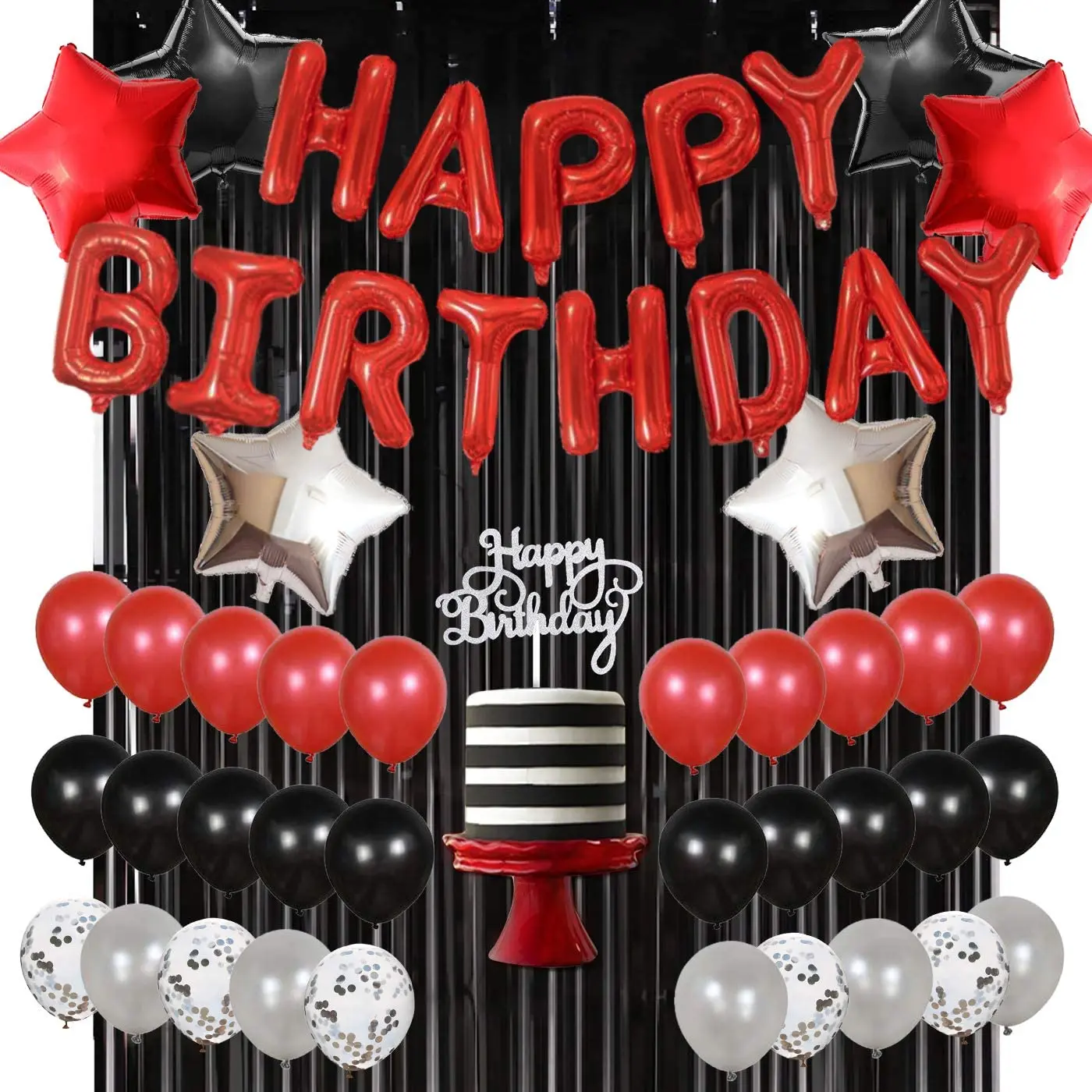 

JOYMEMO Red Black and Silver Balloons for Women Men Birthday Party Decorations Happy Birthday Balloon Banner Star Foil Balloons