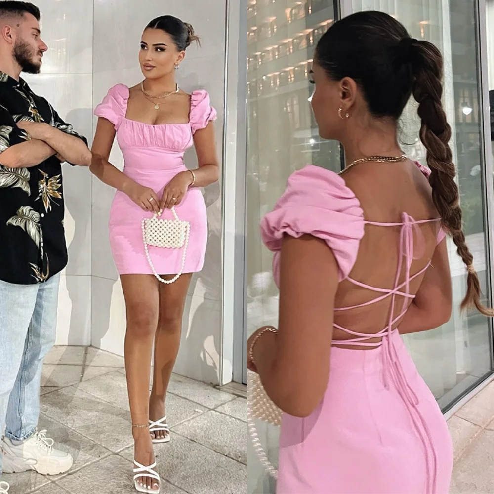

Customized Exquisite Pink Evening Dress Classic Square Collar Cap Sleeve Homecoming Dress Lace Up Back Bespoke Occasion Gowns