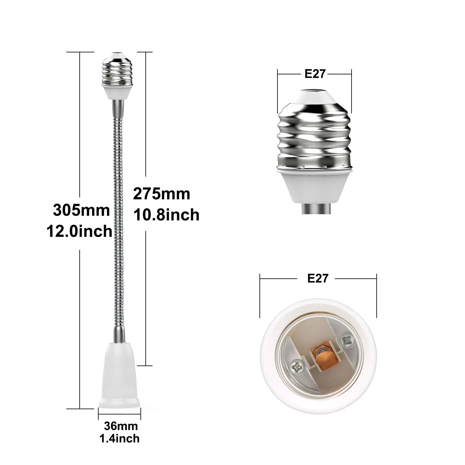 Universal 360℃ Elbow E27 to E27 Lengthened Lamp Holder Tube LED Light Bulb Base Lamp Head Socket 20cm 24cm 30cm 40cm 50cm 60cm