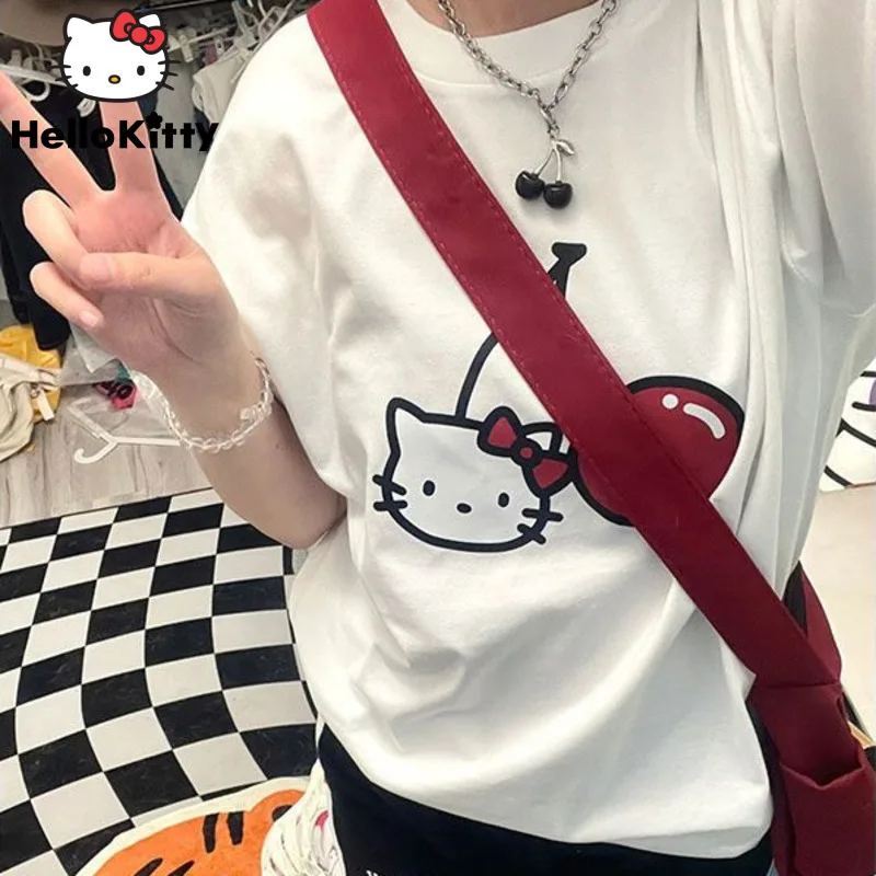 Sanrio Hallo Kitty Baumwolle niedlich bedruckte weiße T-Shirt Frauen Sommer Kirsche neue koreanische Stil 90er Jahre Top 1920er Jahre jugendliche Frau Kleidung