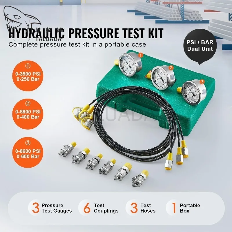 For Komatsu Hitachi E320 Hydraulic Pressure Test Kit 250/400/600bar 3 Gauges 6 Test Couplings 3 Test Hoses Hydraulic Test Gauge