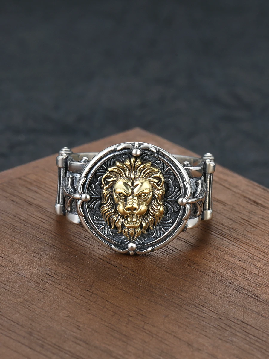 Anillo de plata con apertura S925, lazo personalizado de escala de dragón con cabeza de león dominante de hip hop