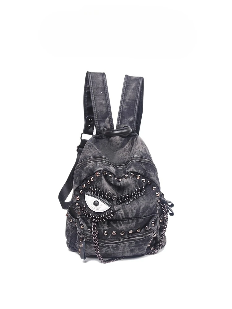 

Spice Girl Rivet Black Denim Leather Backpack Women's 2025 New Large Capacity Fashion Travel