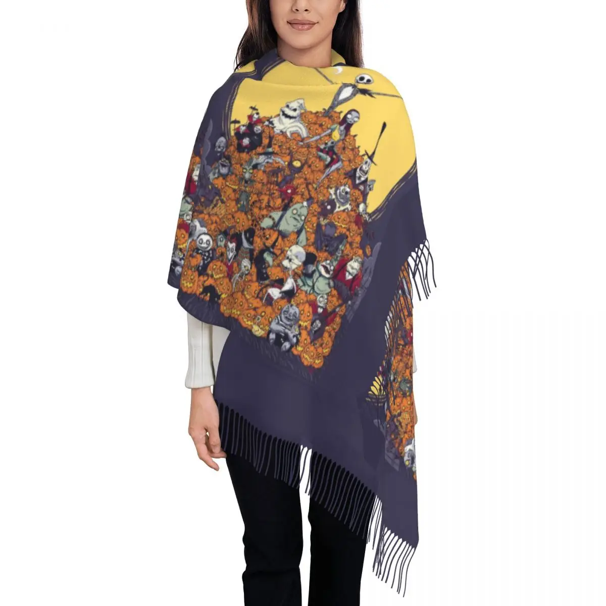 

Custom The Nightmare Before Christmas Tassel Scarf Women Winter Fall Warm Shawls Wraps Female Scarves