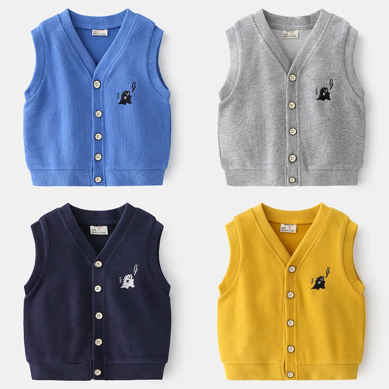 2-6Y Autumn Baby Vest Boys Cotton Clothes Dinosaur Embroidery Button-Down Sleeveless Cardigan Kids Casual Knitted Waistcoat Tops