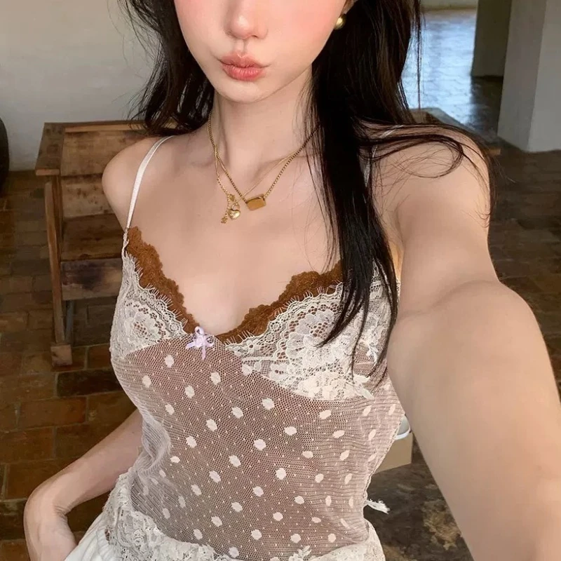 

Double Layered Polka Dot Lace Small Camisole Vest for Women's Summer Sleeveless Outerwear and Innerwear Top