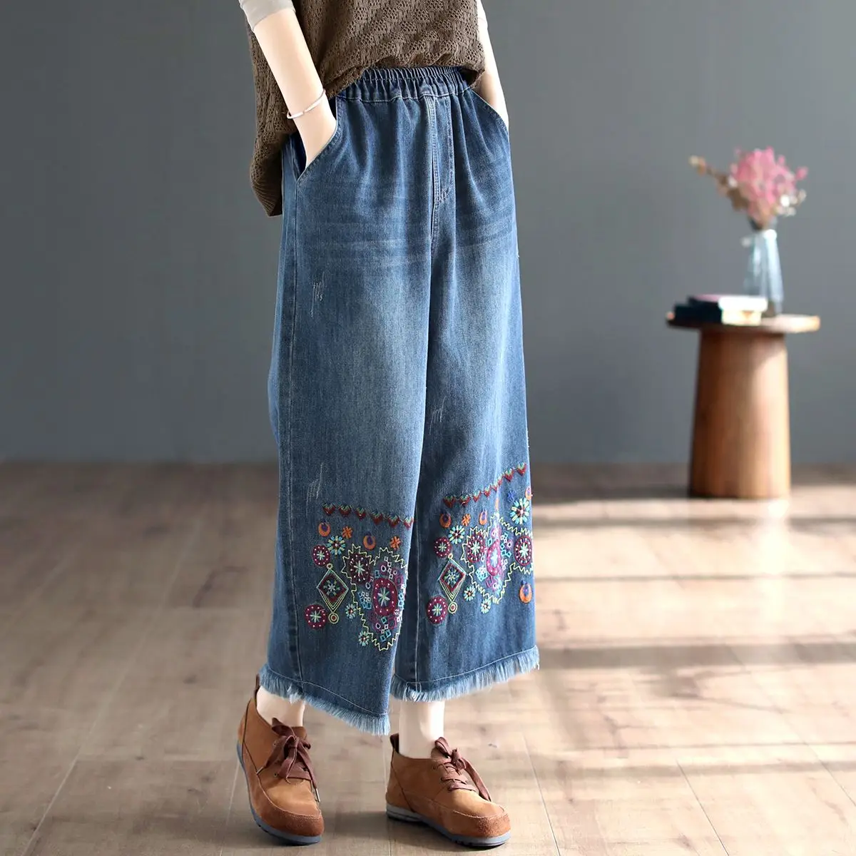 

Retro Ethnic Sle High Waist Embroidered Heavy Work Denim Pants Women's Loose Wide Leg Trousers Spring Autumn New Sle
