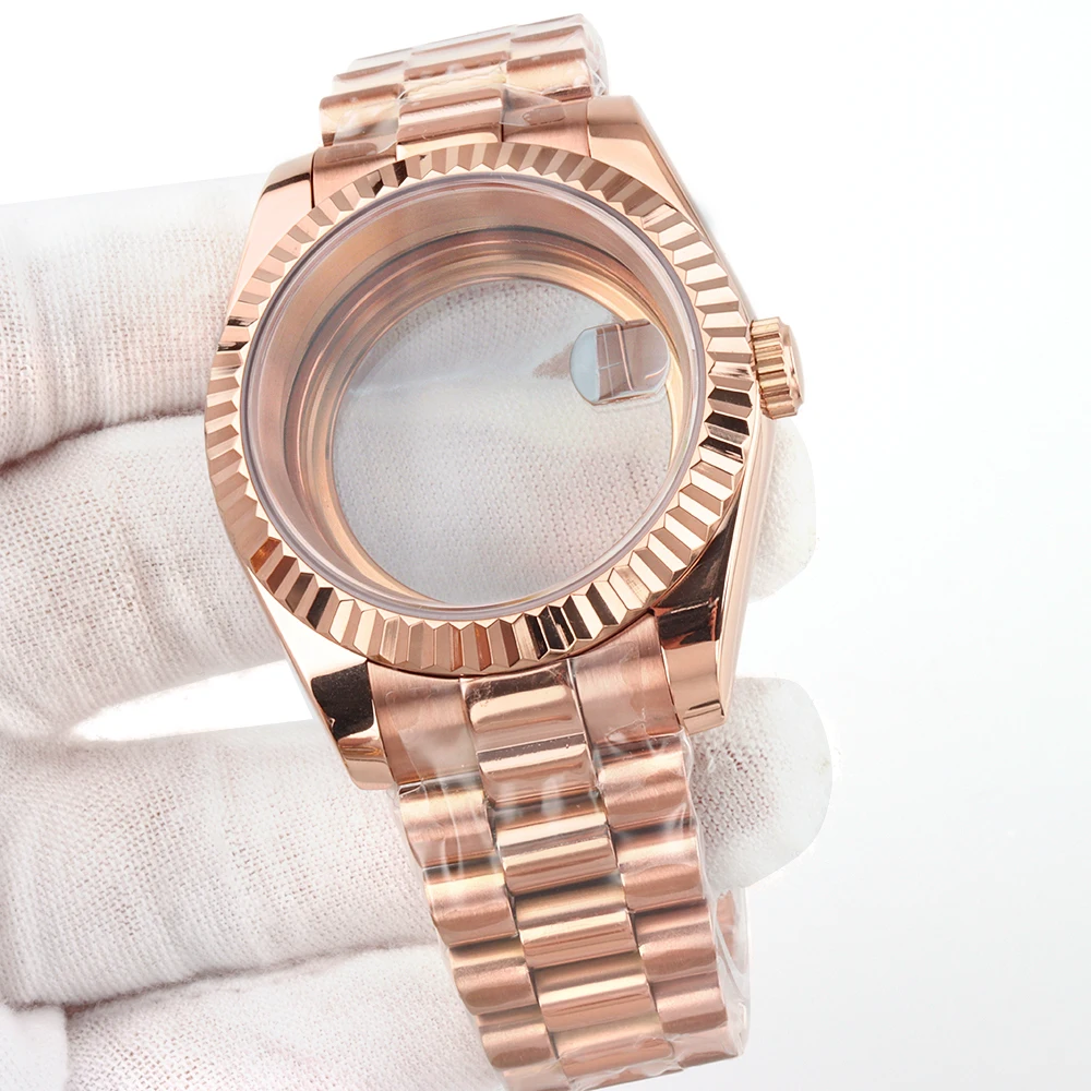 ローズゴールド-ゴールドケース-36mm-39mm-デイトジャスト用-サファイアガラス時計ケース-ステンレススチール-プレジデンシャルストラップ-nh35-nh36ムーブメント対応