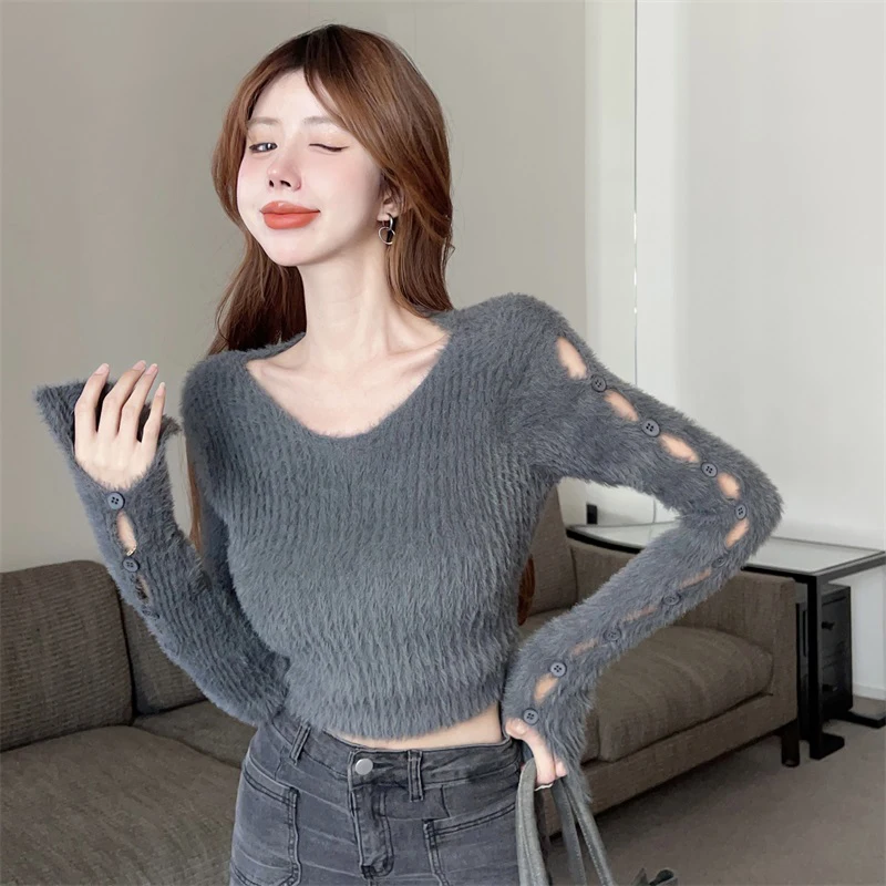 

Women'S Sweater Slim Broken Buttons Cutout Sleeves Plush Long Sleeve Soft Knitted Sexy Leisure Street Style All-Match