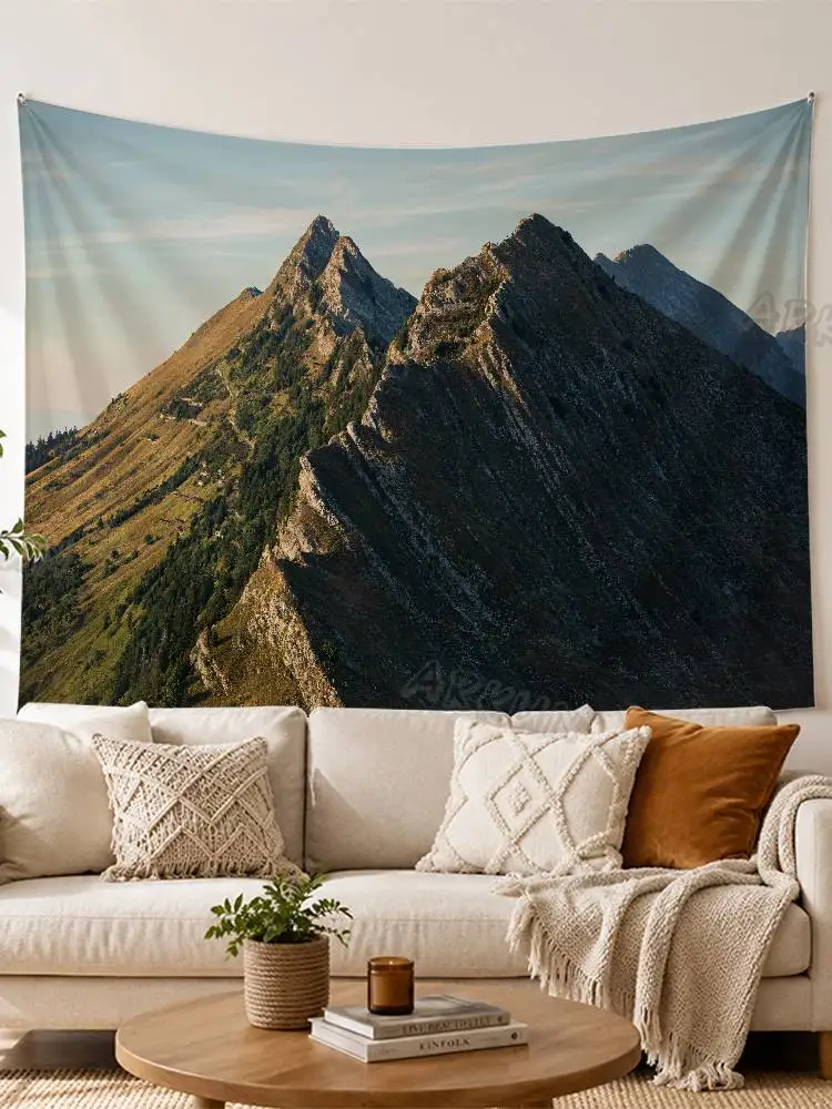 Mountain Forest Scenery Tapestry, Abandoned Castle Ruins Nature Landscape Wall Hanging, Green Valley Lake Railway Bedroom Decor