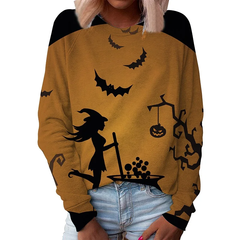 loween Print Long Sve round Ne Sweater Street Sle Women's Hoodie Thiened Cotton Blend Loose Fit Fall Faion