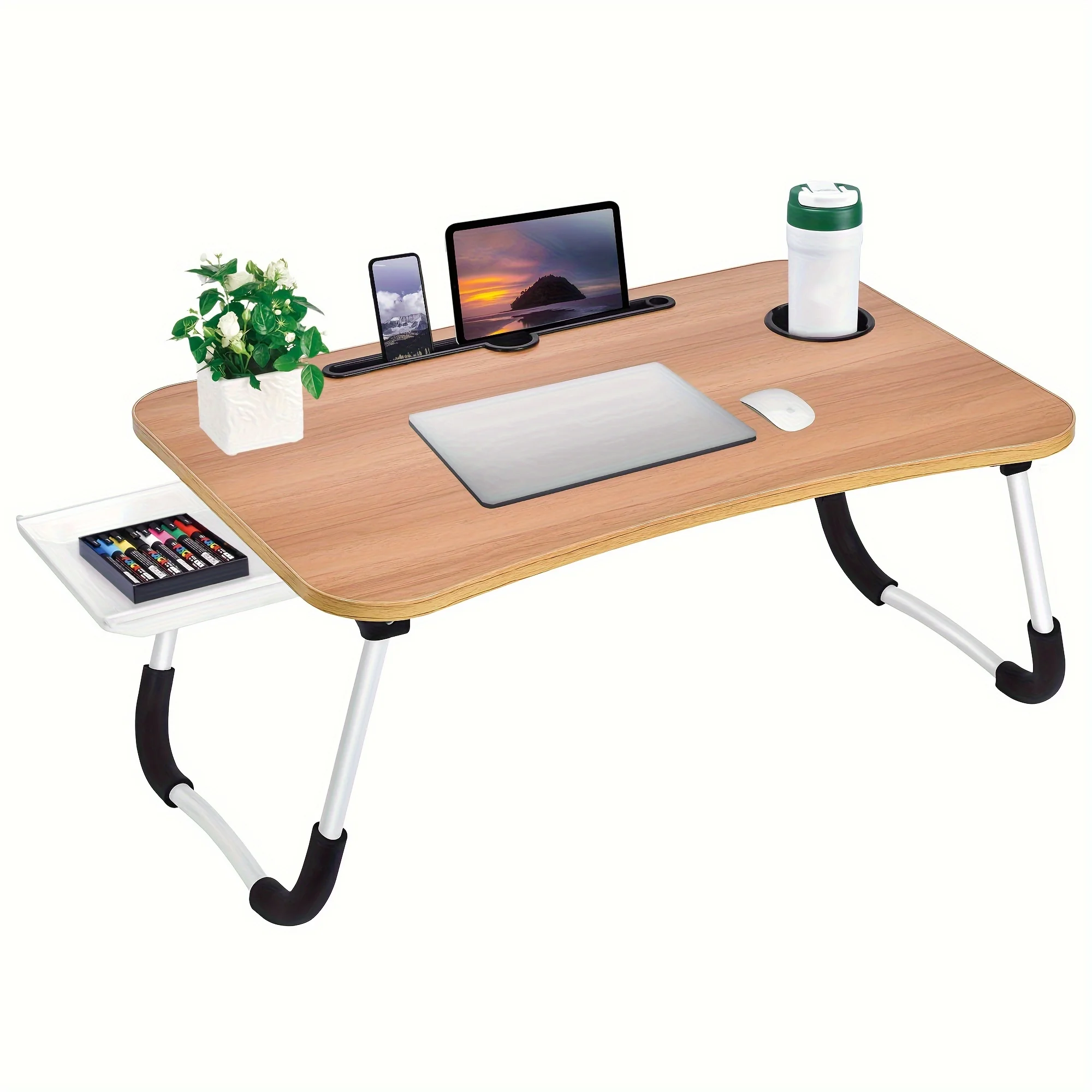 Laptop Bed Table Foldable Lap Table with Cup Holder Drawer Tablet Stand Laptop Bed Tray Table Portable Lap Table Foldable Legs