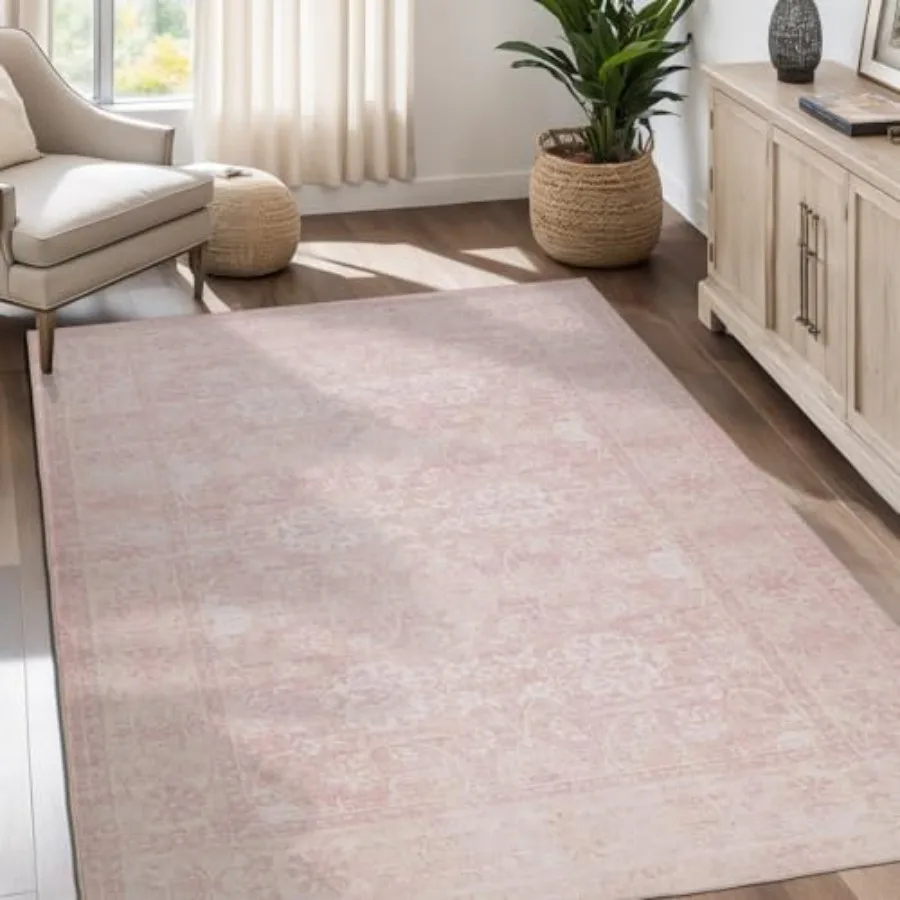 

8x10 Vintage Washable Area Rug for Living Room, Low Pile Non-Slip Soft Indoor Stain Resistant Floral Print Rug in Pink, Cotton-