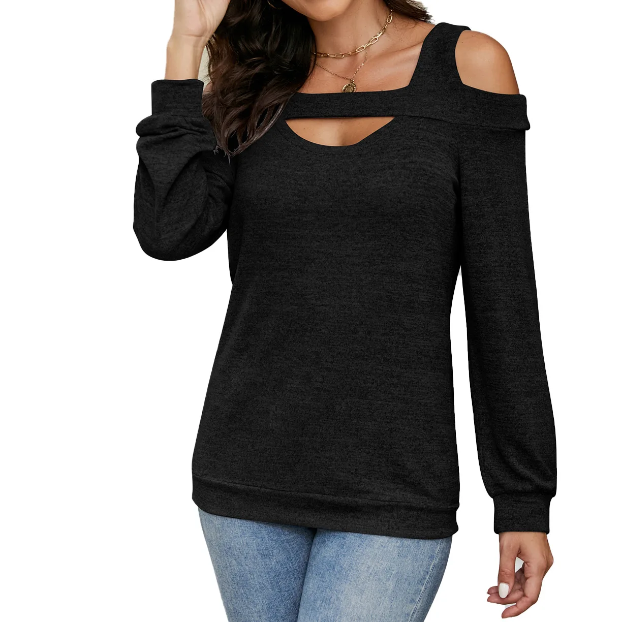 

T-shirt for Women Autumn and Winter Fashion Strapless Round Neck Solid Color Long Sleeve Hollow Loose Sexy Blouse