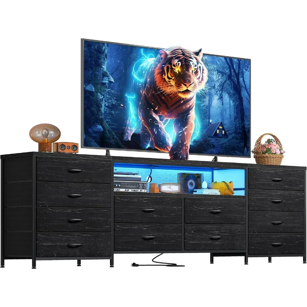 

TV Stand for Bedroom with LED Lights Drawers Black Dresser for Bedroom Long Fabric Dresser Entertainment Center