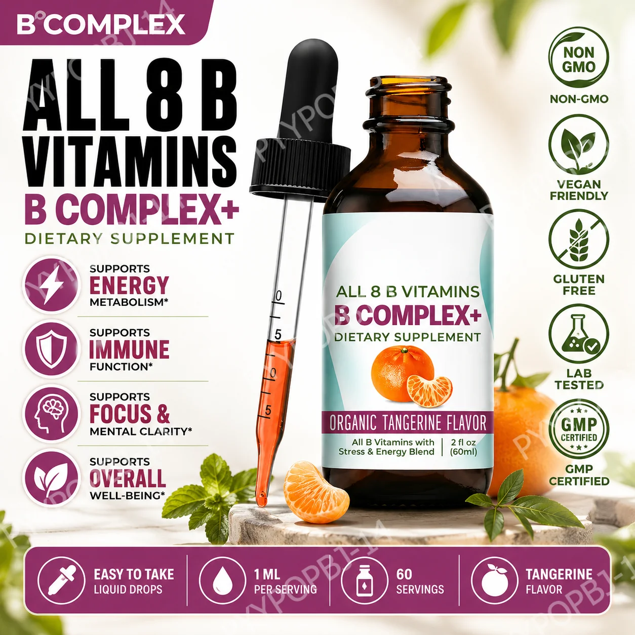 Vitamin B Complex Liquid Drops Supplement Vegan B1 B2 B3 B5 B6 Biotin Folate and Choline Plus Blend for Energy Support 60ml
