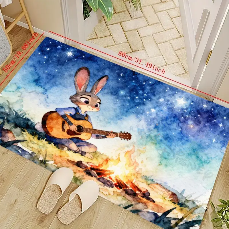 

1PC Disney Zootopia Judy Hopps Playing Guitar Watercolor Floor Mat, Cute Cartoon Rabbit Character Starry Night Campfire Scene Ar