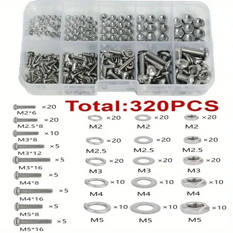 Screw Screw Pocket Hole Screws Round-head Cross-head Screw Bolt Nut Gasket Combination Kit M2 M2.5 M3 M4 M5 320pc Screws