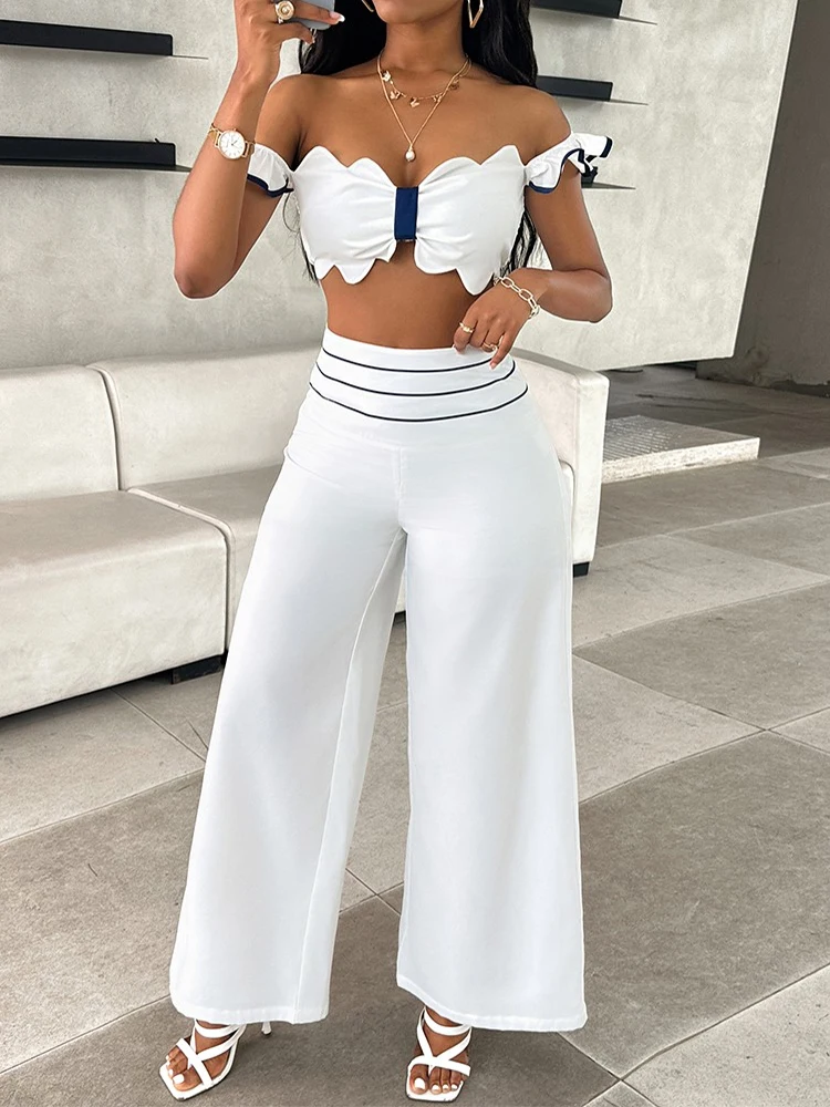 Scallop Trim Off Shoulder Top & Striped Wide Leg Pants Set