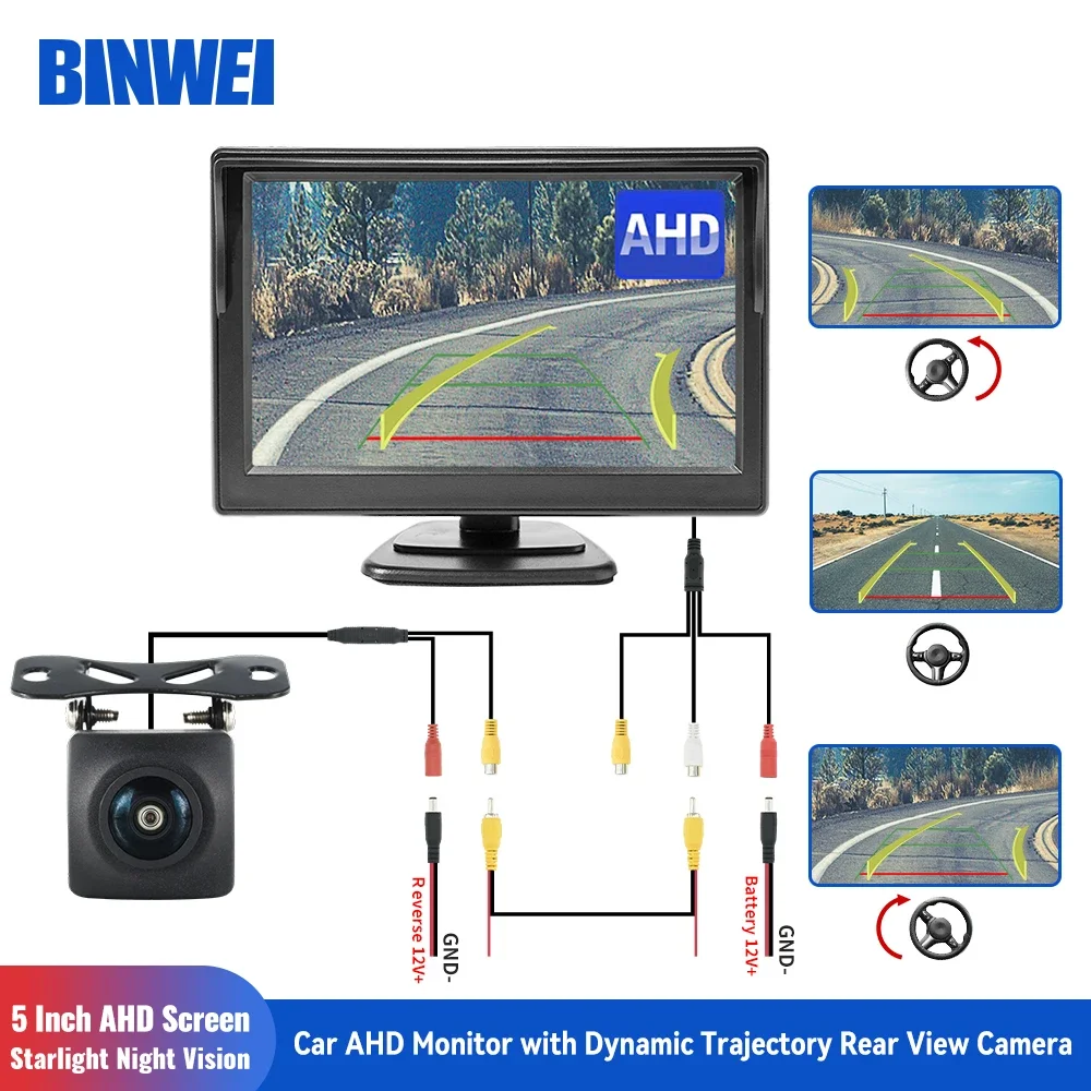 

BINWEI Universal 5 Inch Car AHD Parking Monitor with Dynamic Trajectory Rear View Camera for Vehicle Backup Track Camera Screen