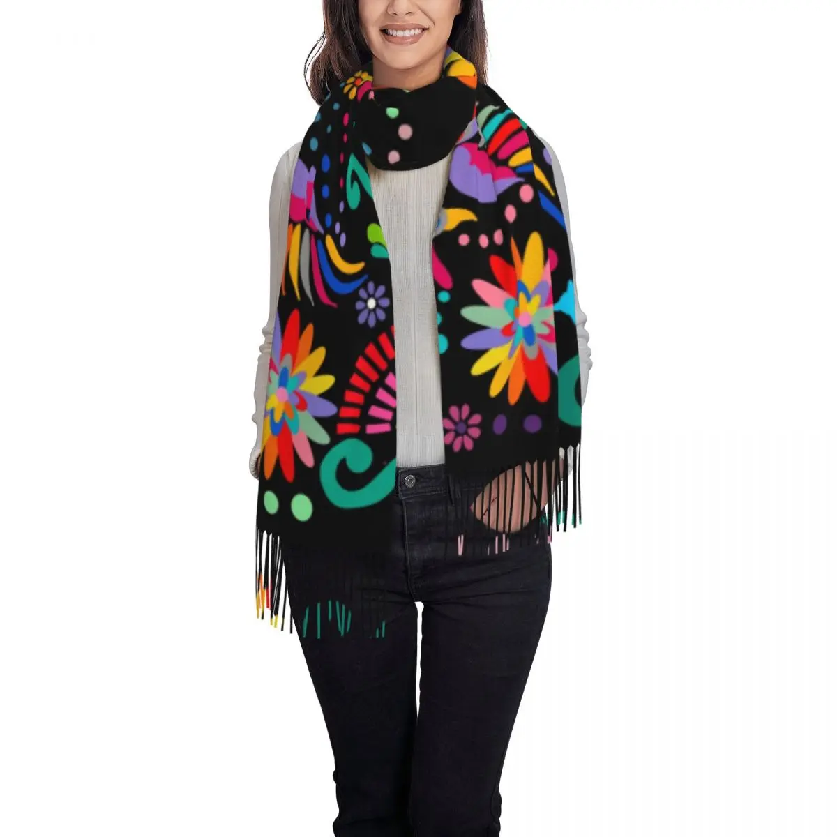 Personalized Print Mexican Floral Flower Textile Scarf Men Women Winter Fall Warm Scarves Colorful Embroidery Shawl Wrap