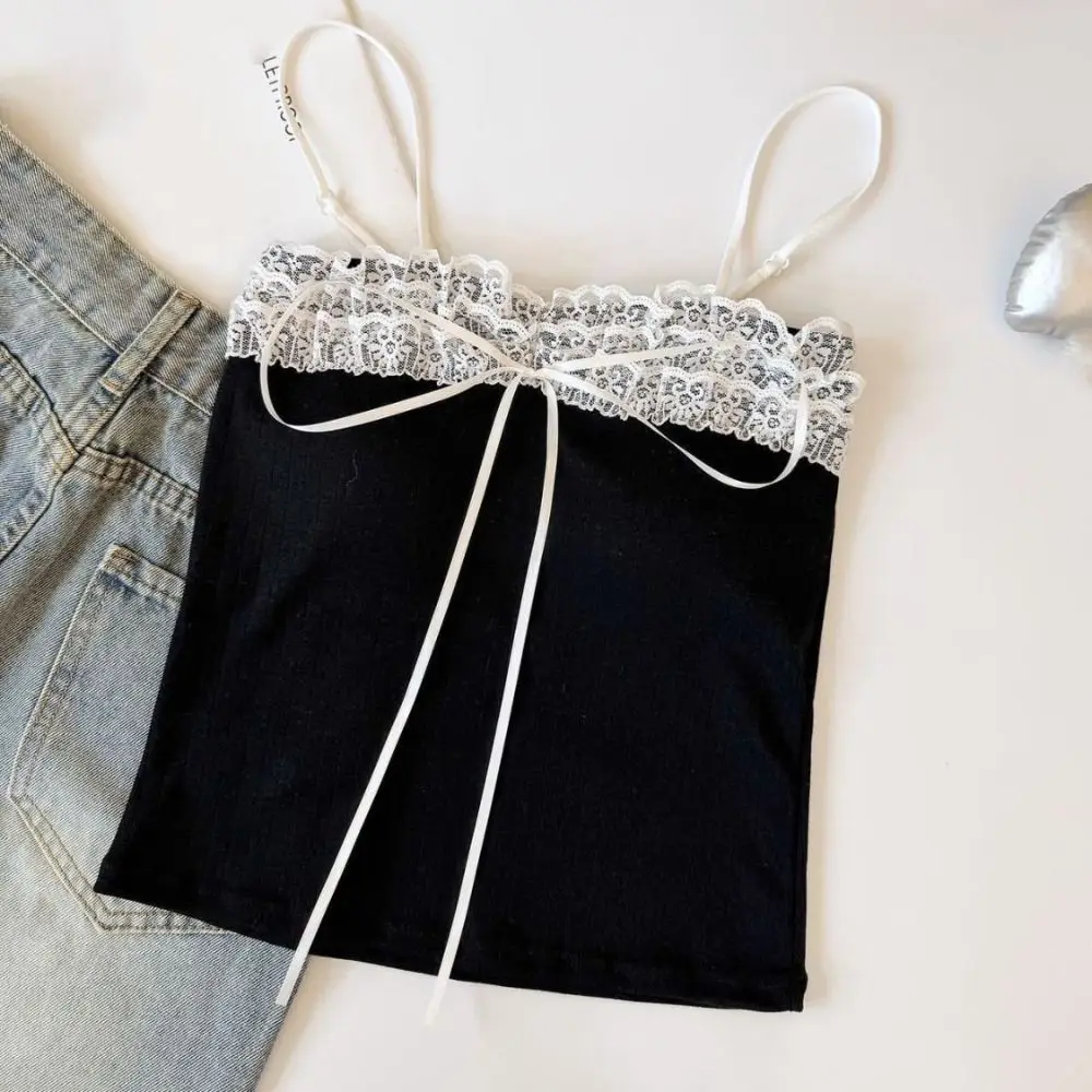 Modisches Schleifen-Slim-Spitzen-Crop-Top Süßes Unterhemd Mädchen-Weste Sommer-Camisole im Spice-Girls-Stil mit Polstern für Damen – Detail 8