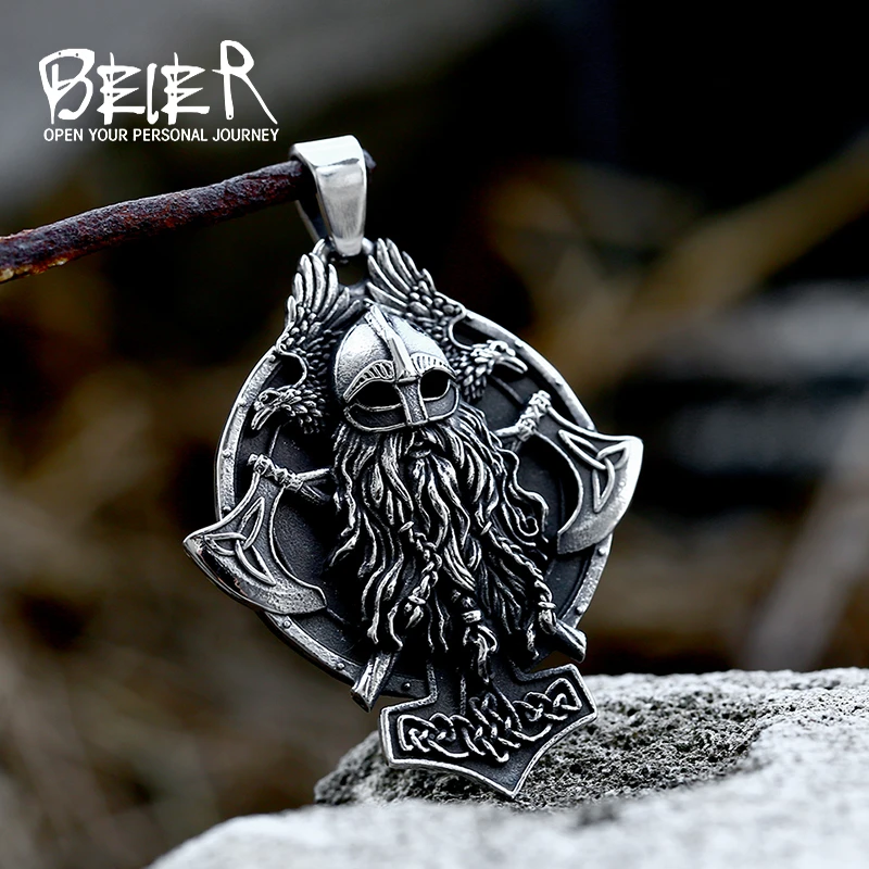 BEIER Viking Wicca man Valknut Hammer Of Thor 24Norse Runes Irish Knot Mjolnir Statement woman Necklace Pendants BP8-375