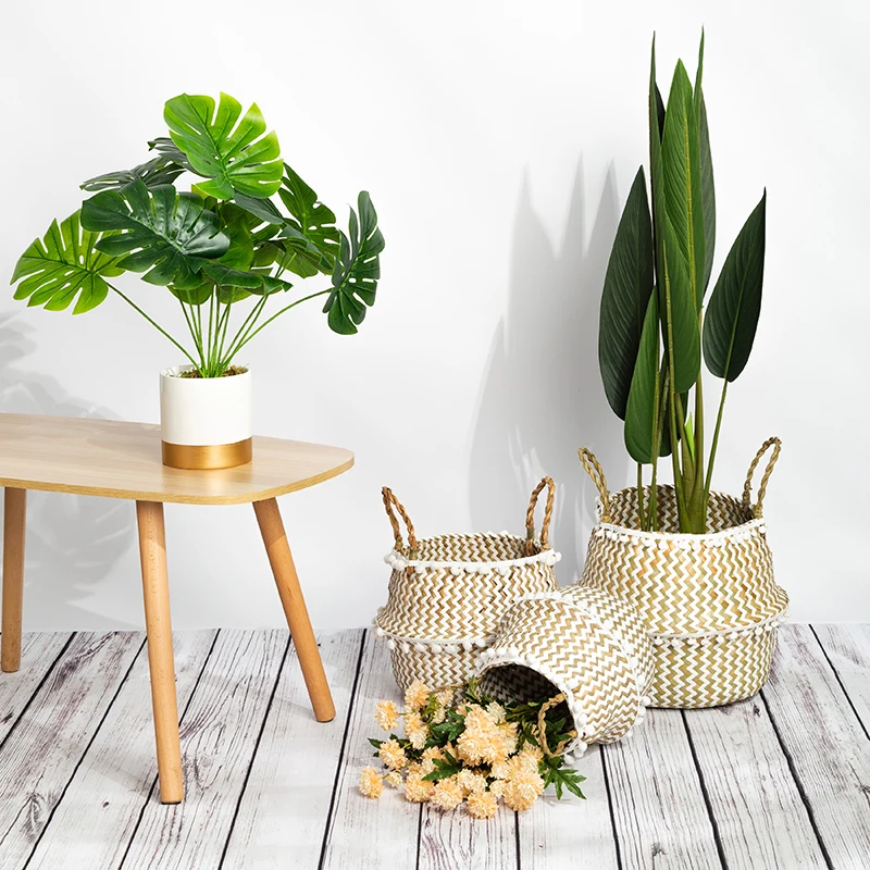 Folding Hand-Woven Cute Flower Pot, Planter Stylish Natural Sea Grass Plant Bracket, Flower Pots Decorative Garden Succulent Pot