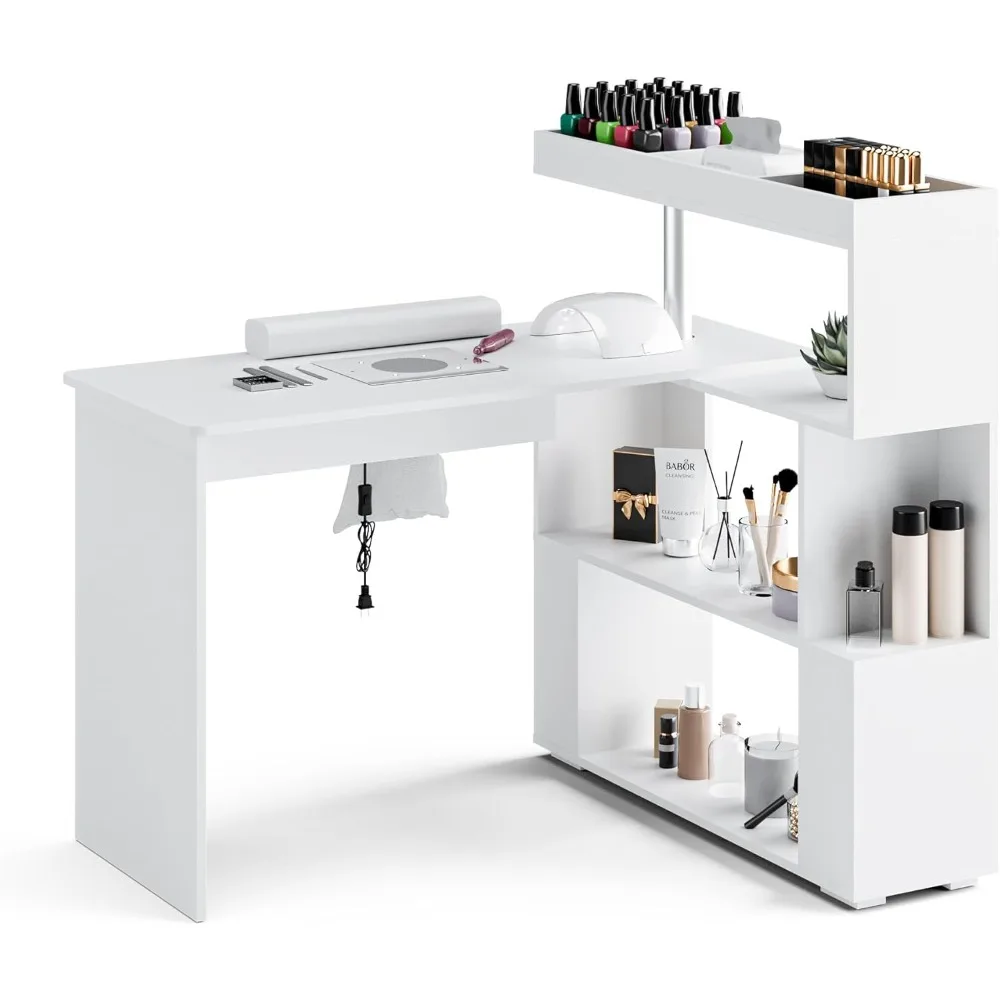 

Manicure Table, L-Shaped Nail Tech Desk with Dust Collector, Reversible Rotating Table & Storage Shelf,