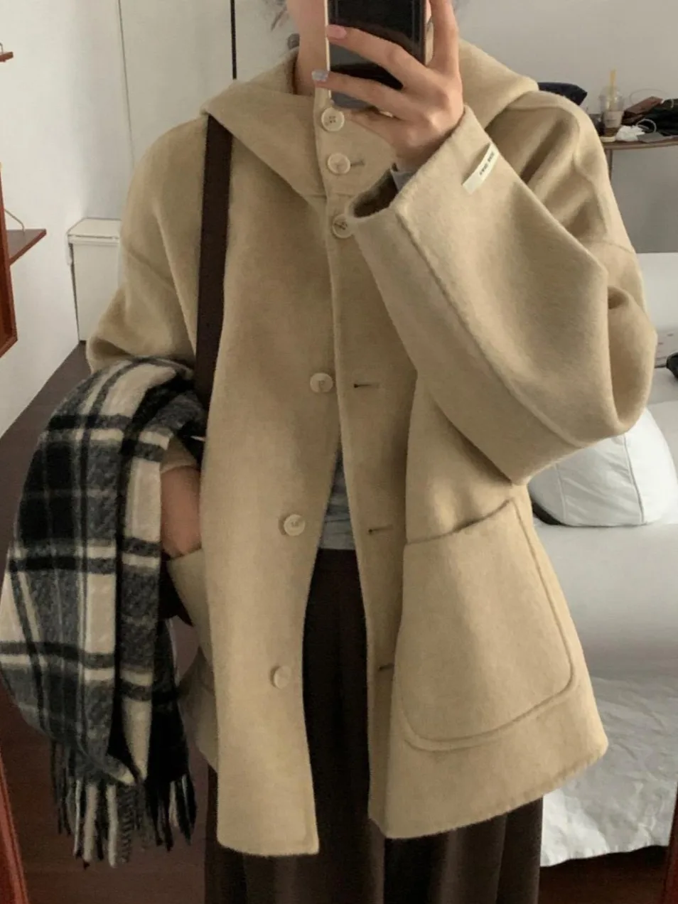 

Шикарное зимнее антивозрастное двустороннее шерстяное пальто, женское свободное пальто с капюшоном на одной пуговице, универсальное корейское пальто средней длины