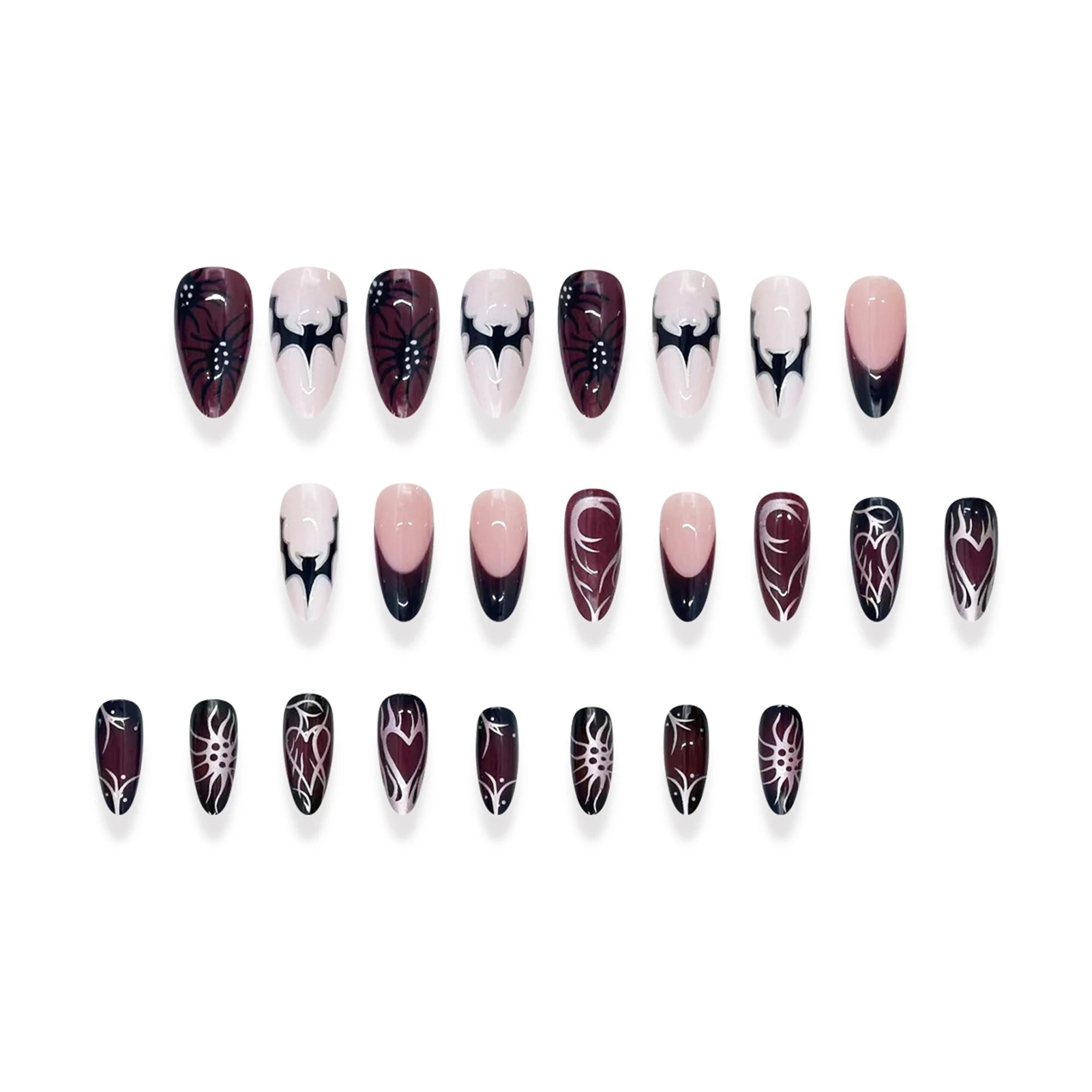 24 قطعة Y2k الشرير نمط أظافر صناعية التدرج أسود أحمر فريش هالوين الصحافة على الأظافر الخفافيش العنكبوت نمط مطبوعة وهمية مسمار بقع #4