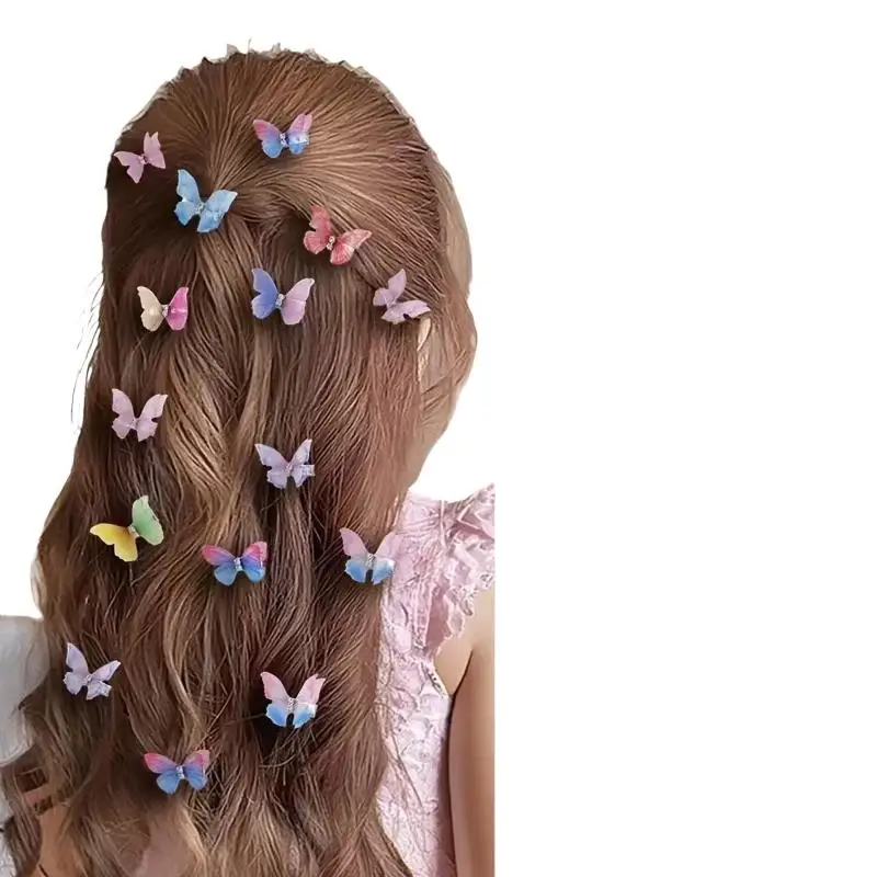 10 Stück bunte, doppellagige Organza-Schmetterlings-Haarspangen mit Strass, niedliche Prinzessinnen-Haaraccessoires – Detail 5