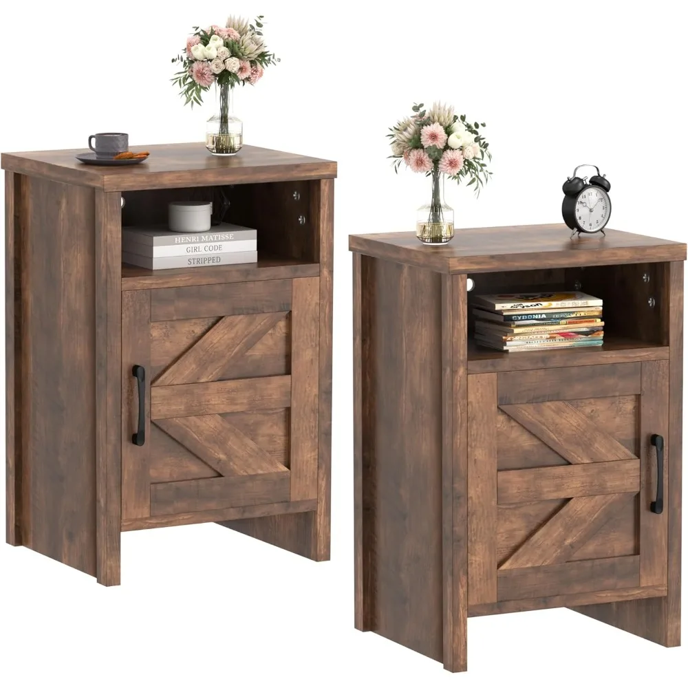 

Farmhouse Nightstand, Modern Bedside Table with Barn Door and Shelf, Rustic End Table Side Table for Bedroom
