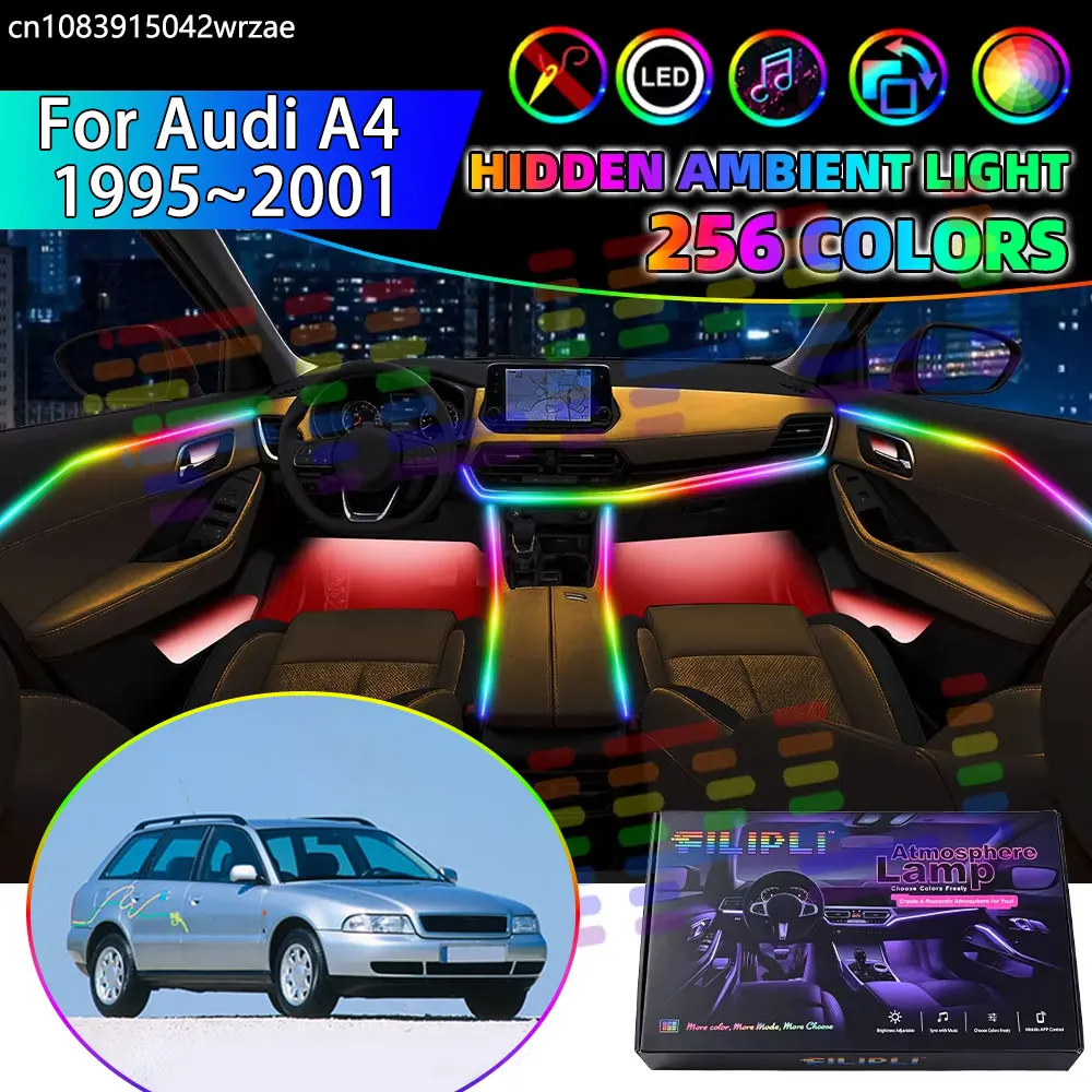 For Audi A4 1995~2001 8D B5 1996 RGB Car Interior Ambient Lights Strips Breathing Lighting Kit App Control LED strips Auto Parts