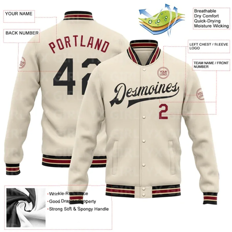 Custom Black Crimson-City OR Bomber Full-Snap Varsity Letterman Jacket Baseball Button Jacket