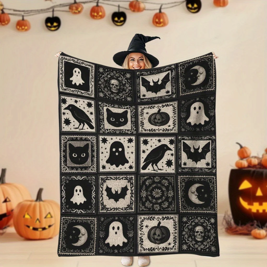 

1pc Vintage Halloween print blanket, polyester fabric, machine washable, suitable for bedroom and living room