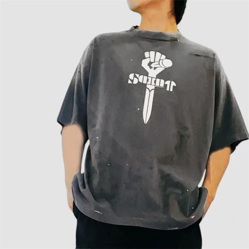High Street Vintage Washed Black Saint T-Shirt Premium Quality Cracked Pattern Print Cotton
