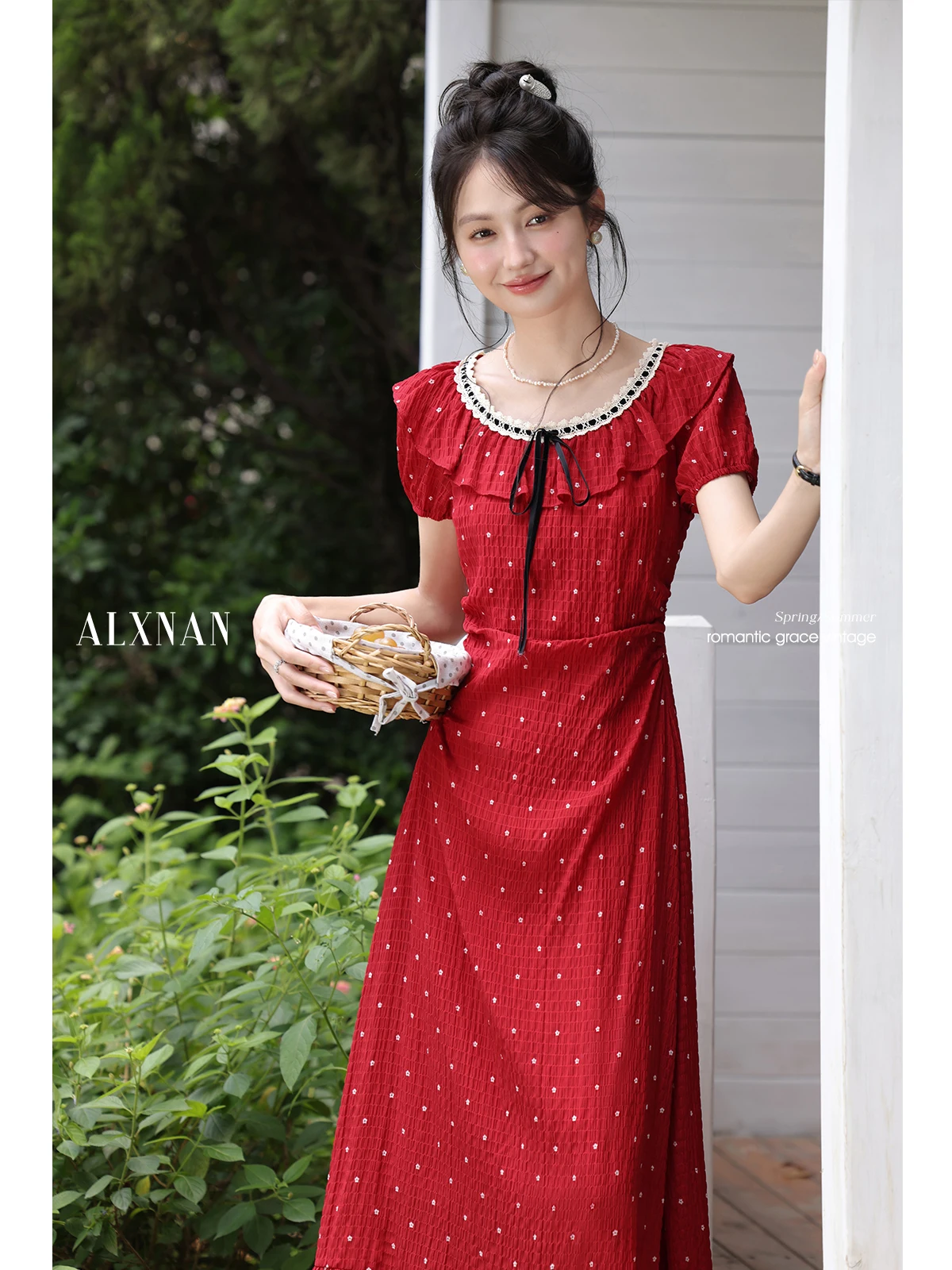 

ALXNAN Women's Red Polka Dot Dress Casual Elegant Ruffled Floral Long Dresses 2025 Summer Holiday Party Female Clothing L55828