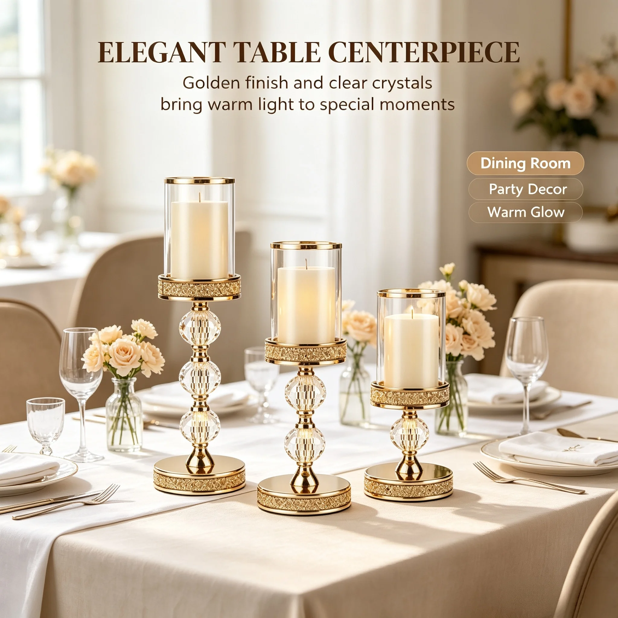 3pcs Glossy Gold Metal Candlestick Kit Faceted Crystal Bead & Glass Shield Candle Holder Luxury Mantel Nightstand Party Ornament